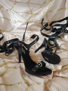 Pleaser Black Strappy Stiletto Heels with Buckle Accents